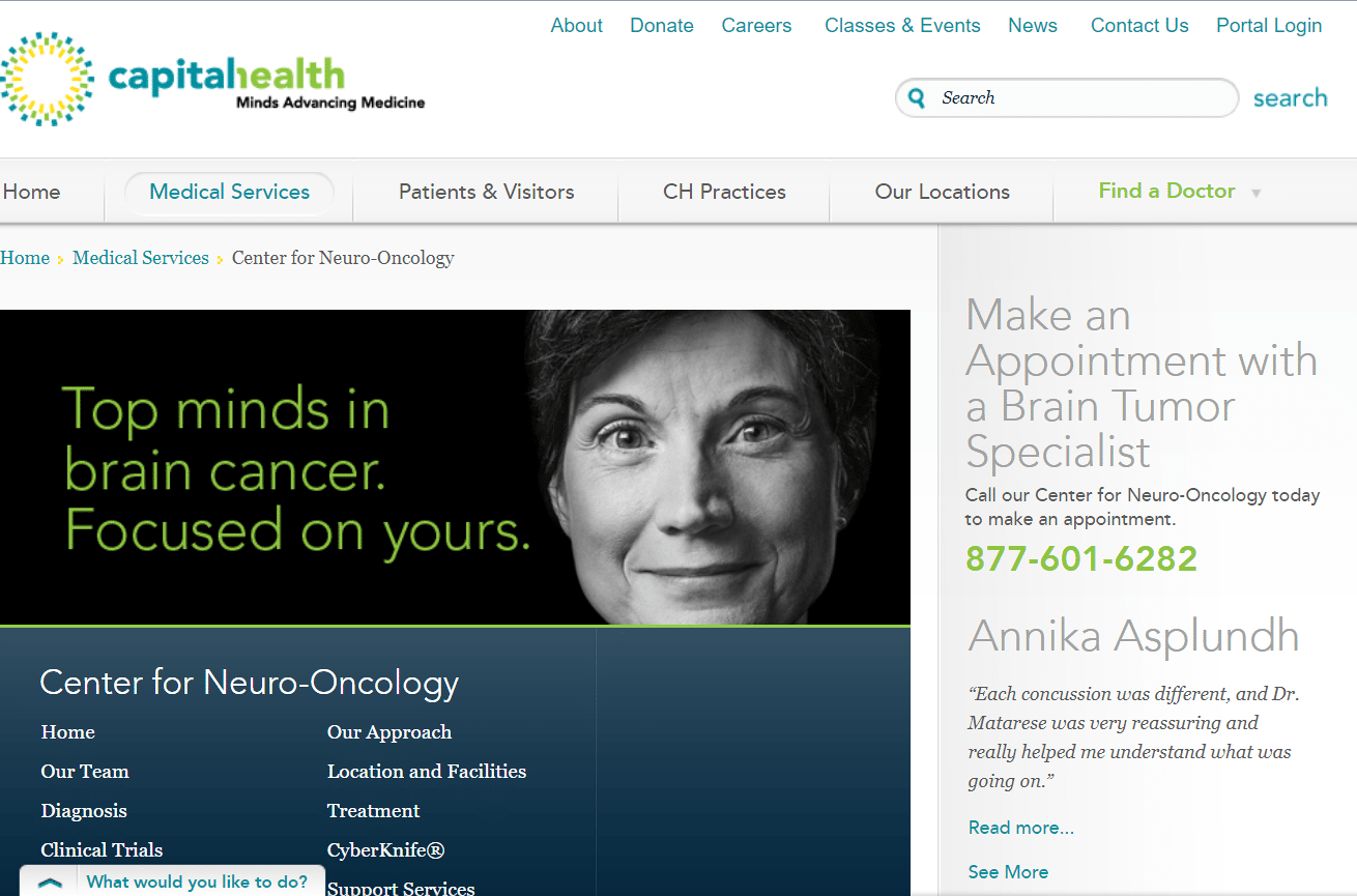 Screenshot of Capital Health web page featuring a photo of a confident-looking woman.