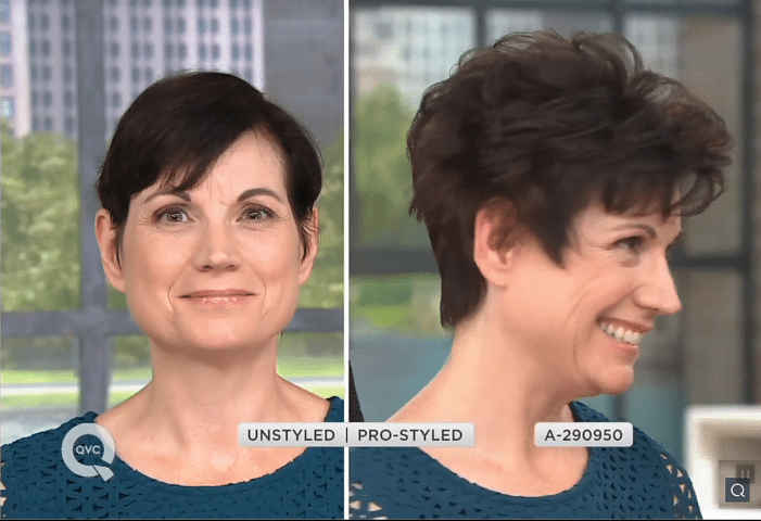 Side-by-side photos of a woman before and after her hair is styled.